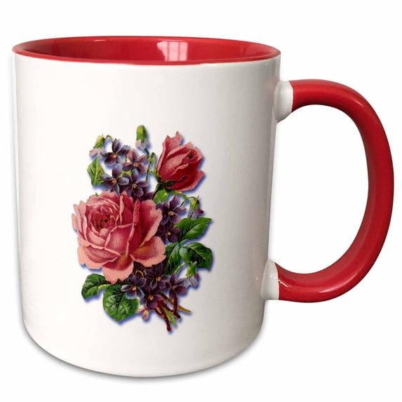 3drose, Bouquet of Pretty Pink Victorian Roses with Purple Violets, 11oz Two-tone Red Mug
