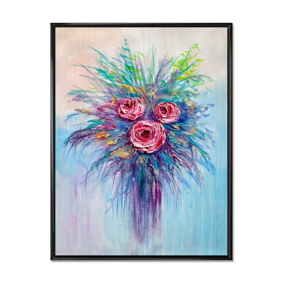 Bouquet Of Red Roses In A Vase On Blue 12 in x 20 in Framed Painting Canvas Art Print, by Designart