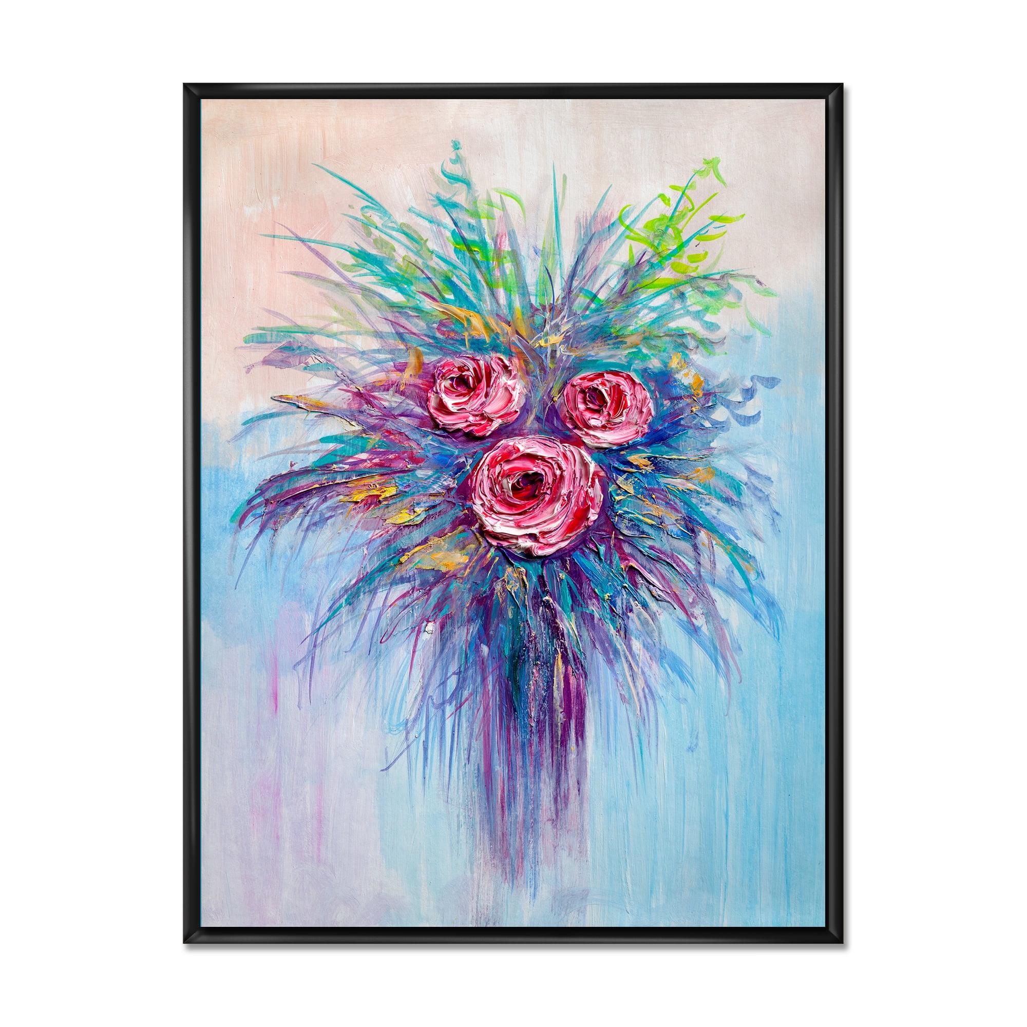Bouquet Of Red Roses In A Vase On Blue 16 in x 32 in Framed Painting Canvas Art Print, by Designart