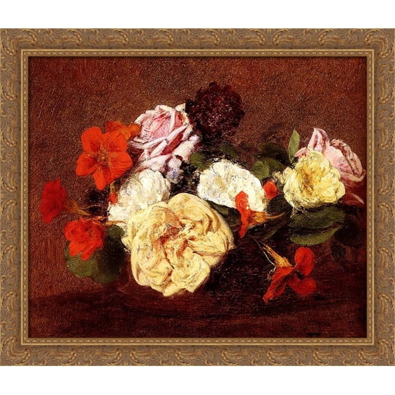 Bouquet Of Roses And Nasturtiums 34x28 Large Gold Ornate Wood Framed Canvas Art by Ignace Henri Jean Theodore Fantin Latour