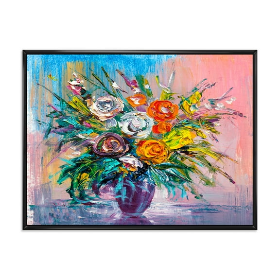 Bouquet Of Vibrant Colored Flowers 20 in x 12 in Framed Painting Canvas Art Print, by Designart