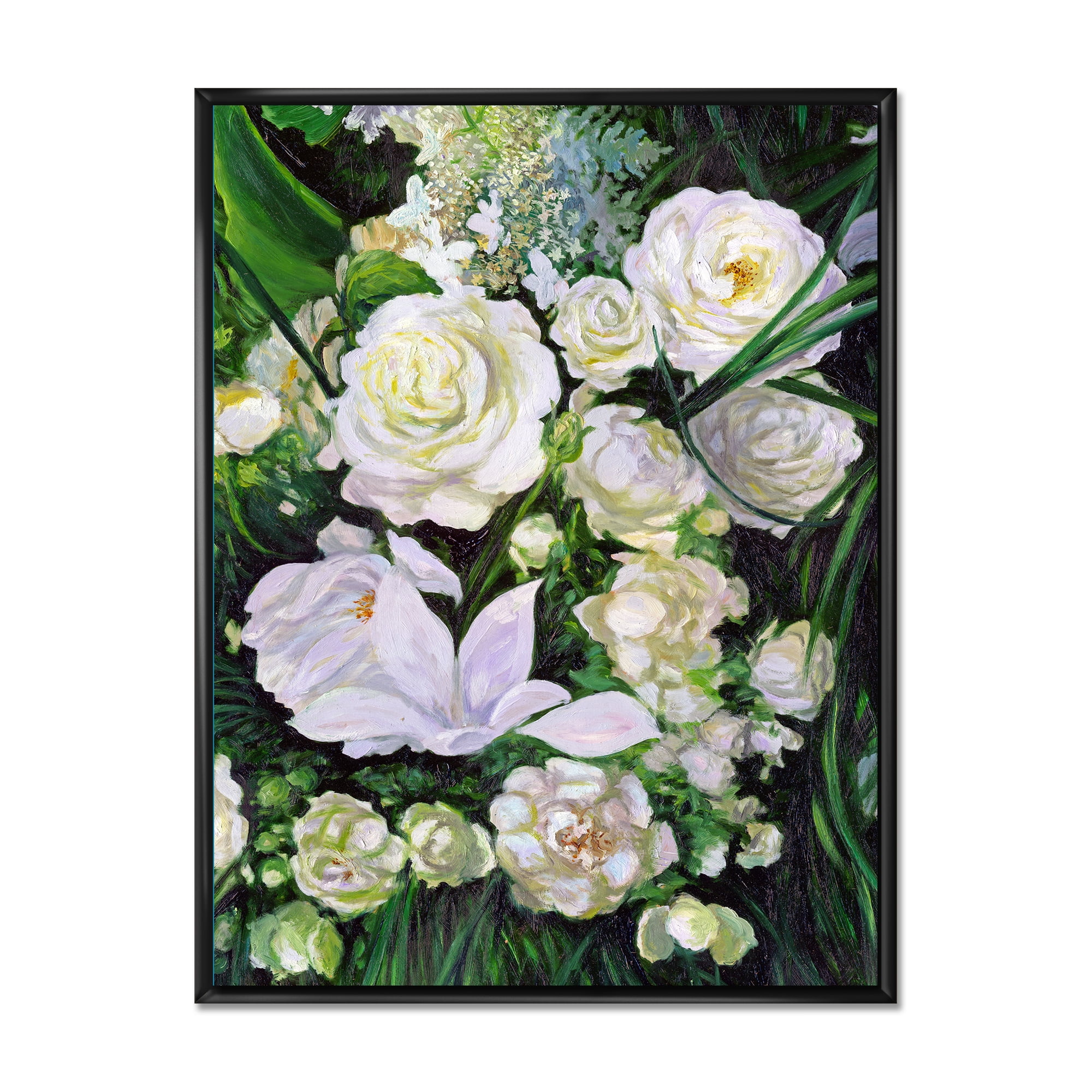 Bouquet Of White Roses With Green Leaves 12 in x 20 in Framed Painting Canvas Art Print, by Designart