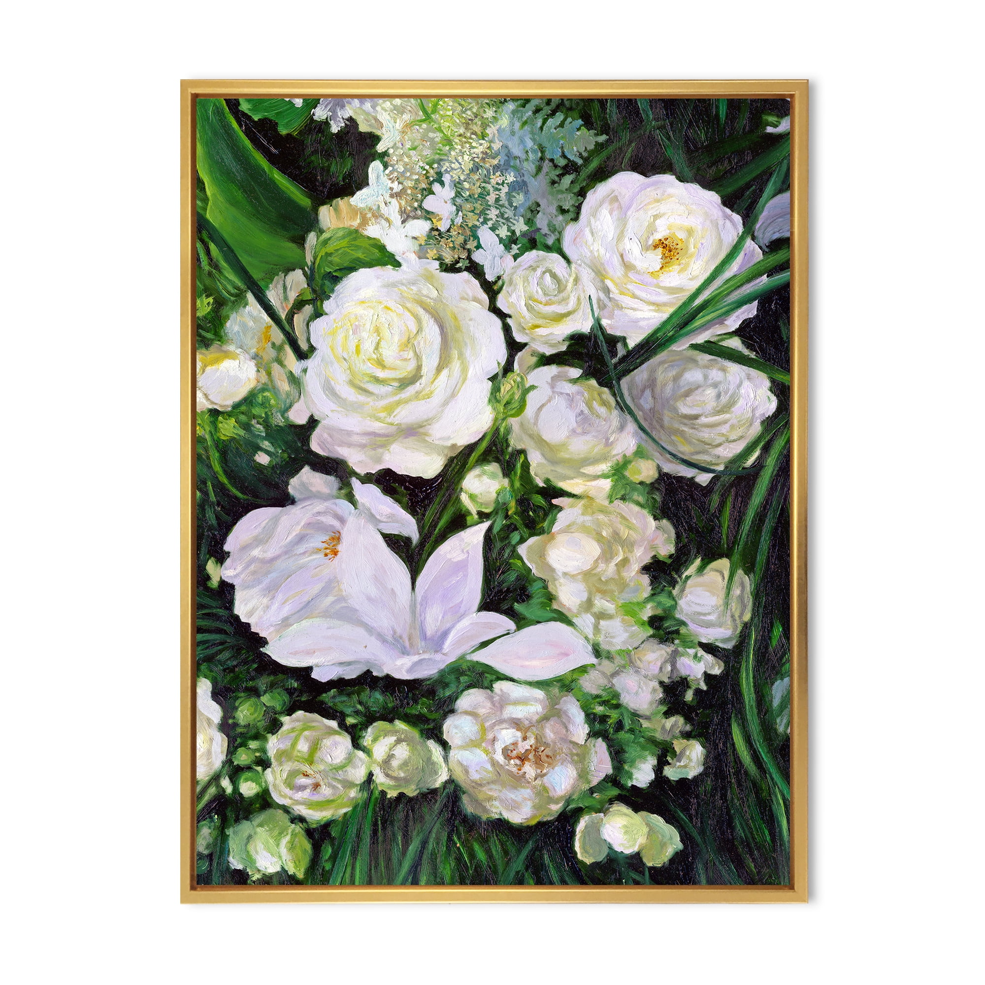 Bouquet Of White Roses With Green Leaves 12 in x 20 in Framed Painting Canvas Art Print, by Designart