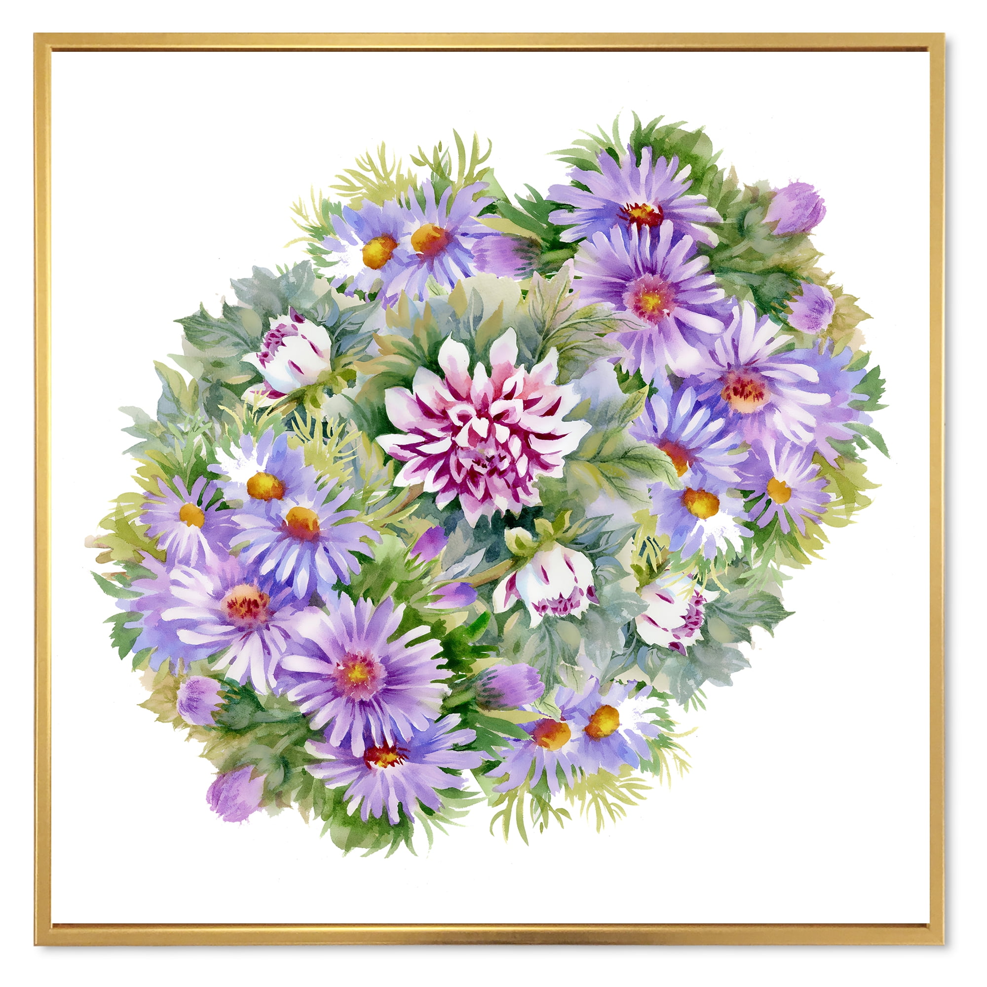 Bouquet With Daisies and Purple Chrysanthemums 36 in x 36 in Framed Painting Canvas Art Print, by Designart