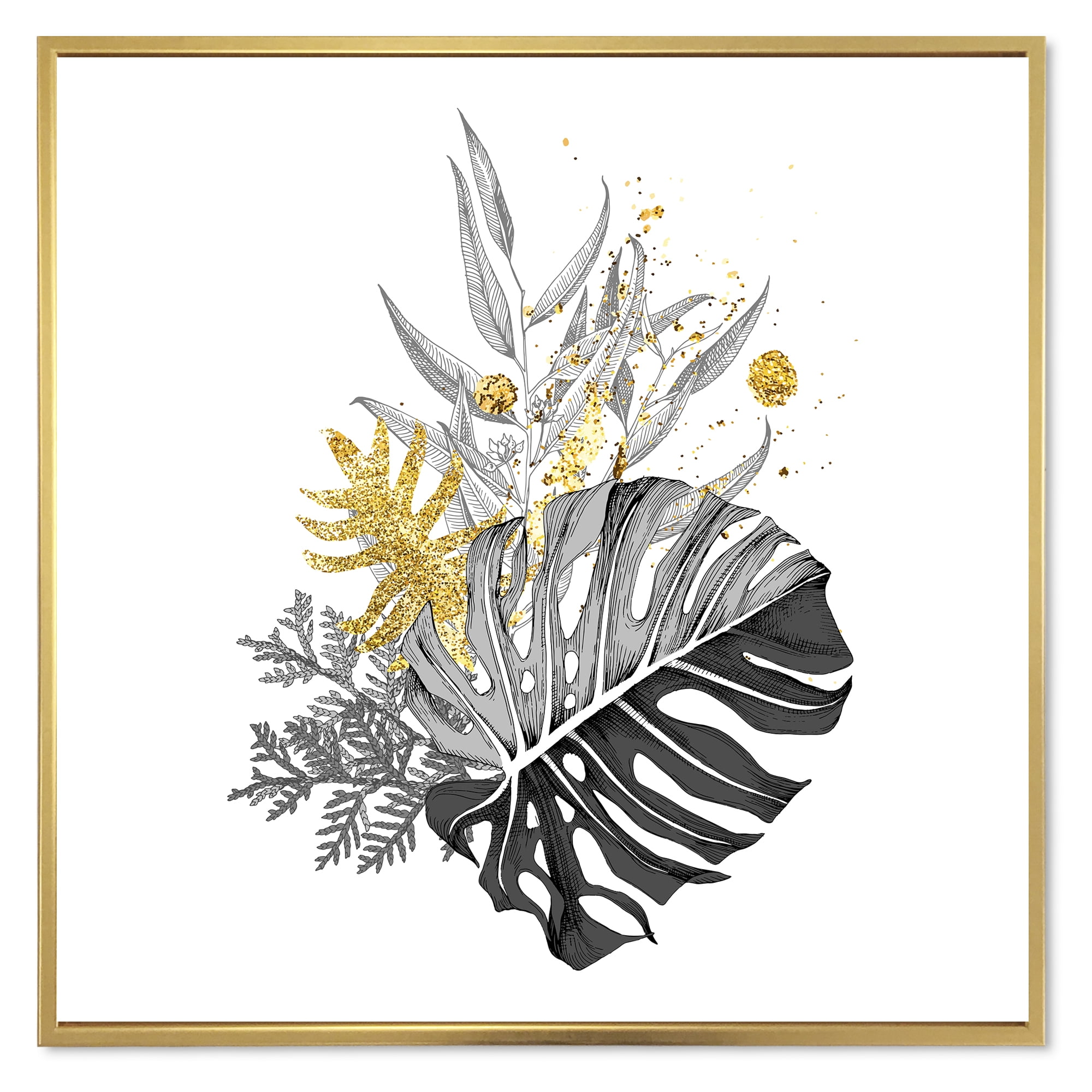 Bouquet With Golden Tropical Leaves and Monochrome' 36" x 36" Framed Painting Canvas Art Print, by Designart