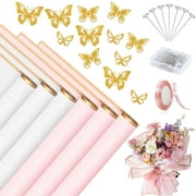 LANNEY Bouquet Wrapping Paper 143 Pcs, Flower Wrapping Paper 30 Sheets, Waterproof Floral Wrapping Paper, Gold Butterfly Decor Ribbon Pearl Pins for Craft Birthday Graduation
