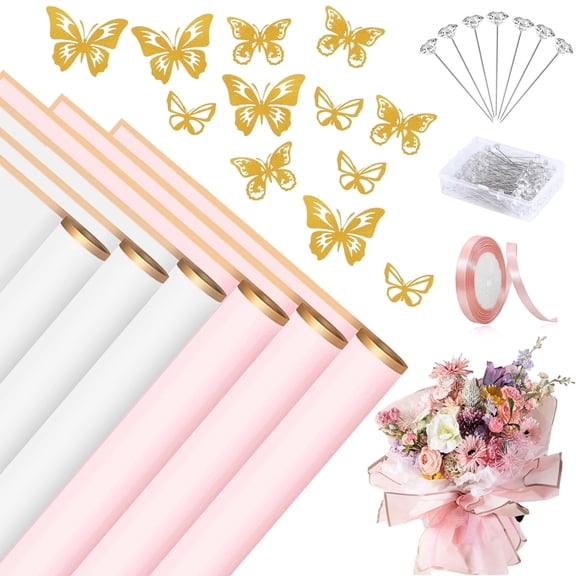 LANNEY Bouquet Wrapping Paper 143 Pcs, Flower Wrapping Paper 30 Sheets, Waterproof Floral Wrapping Paper, Gold Butterfly Decor Ribbon Pearl Pins for Birthday Wedding DIY Craft  Graduation