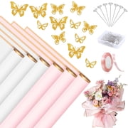 LANNEY Bouquet Wrapping Paper 143 Pcs, Flower Wrapping Paper 30 Sheets, Waterproof Floral Wrapping Paper, Gold Butterfly Decor Ribbon Pearl Pins for Birthday Wedding DIY Craft Graduation