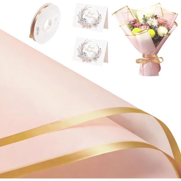 Bouquet Wrapping Paper Kit - 20 Sheets Pink Flower Gift Wrap (57x57cm) with Champagne Ribbon & 2 Greeting Cards, Complete DIY Set for Fresh Flowers, Birthday