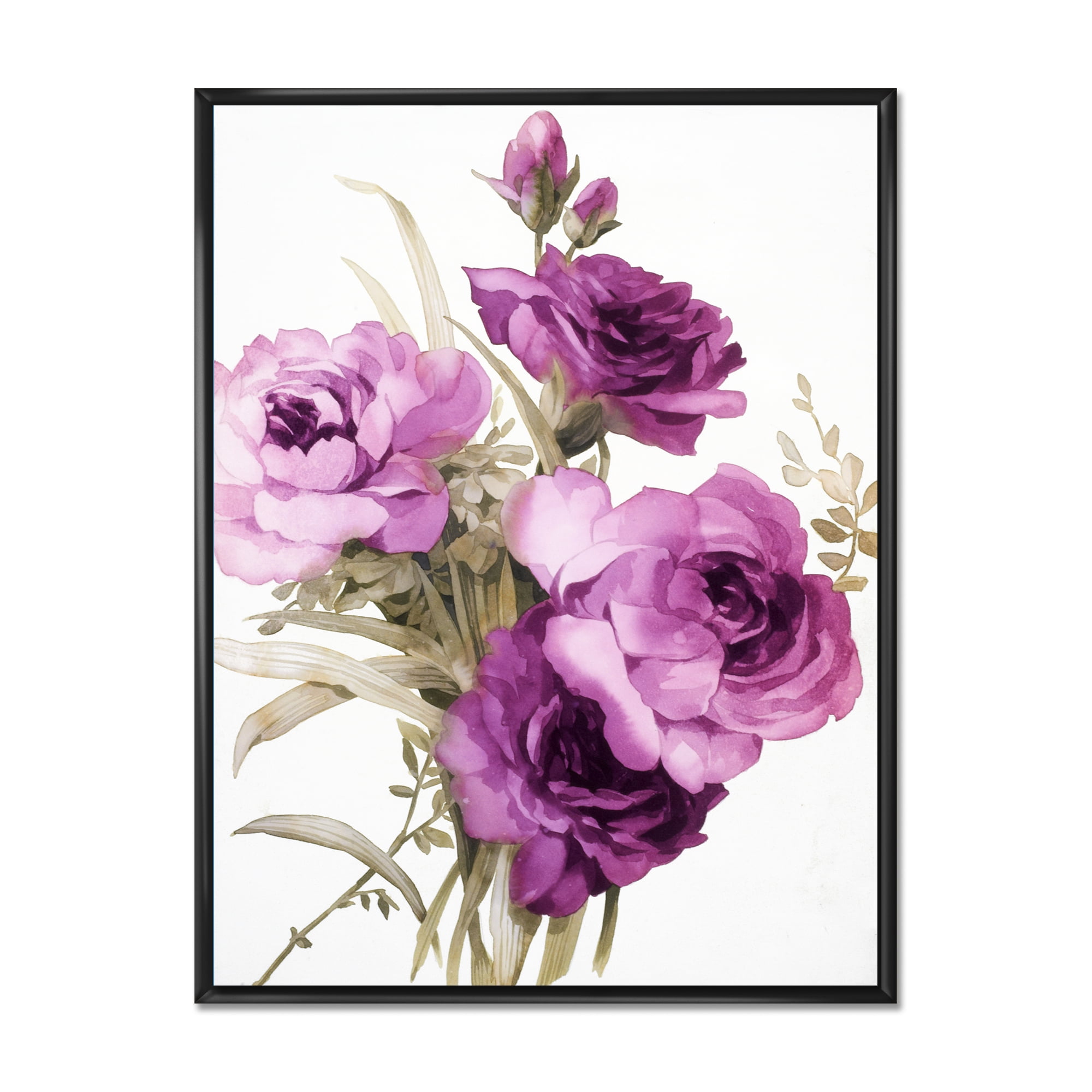 Bouquet of Dark Pink Roses 30 in x 40 in Framed Painting Canvas Art Print, by Designart