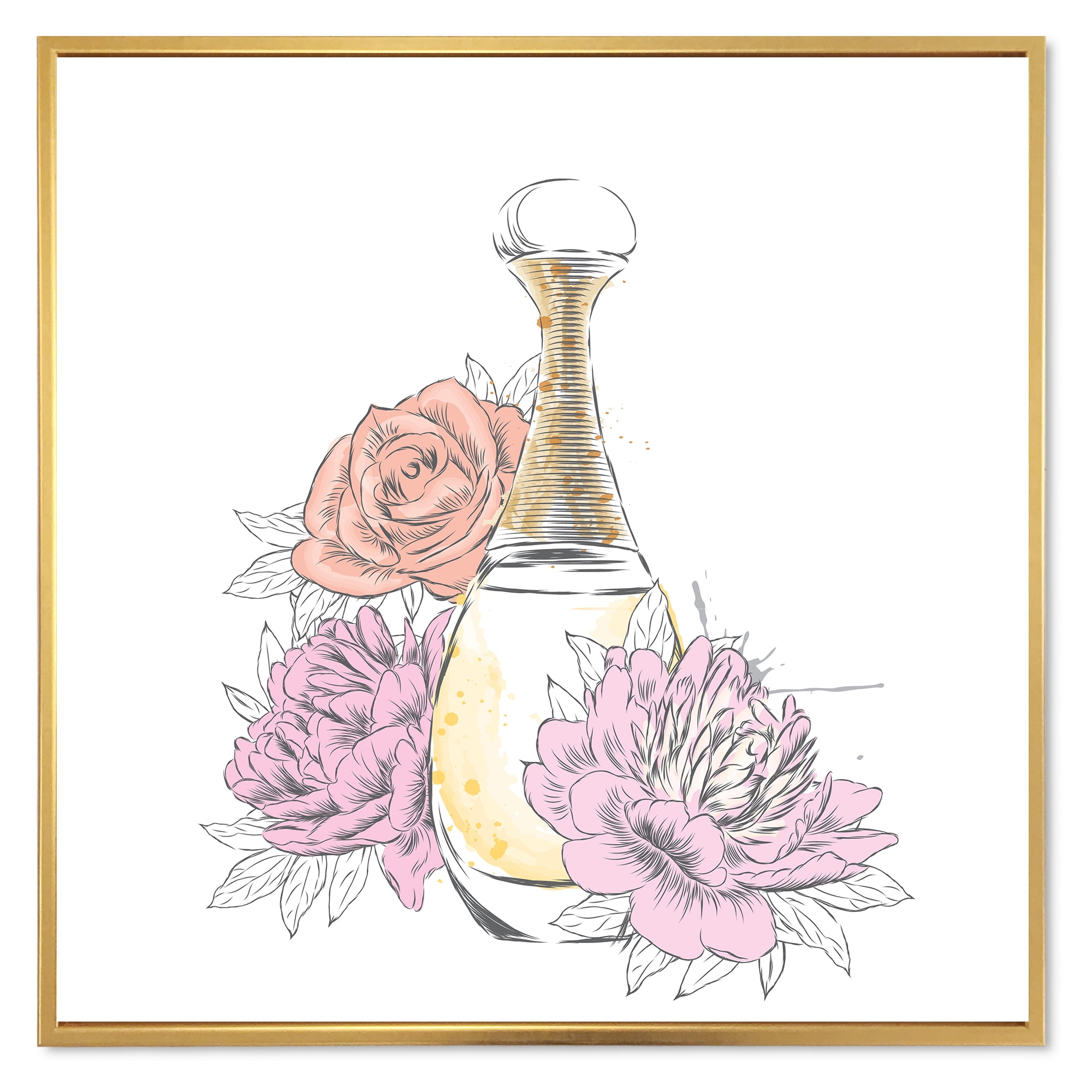 Bouquet of Flowers and Perfume Bottle I 16 in x 16 in Framed Painting Canvas Art Print, by Designart