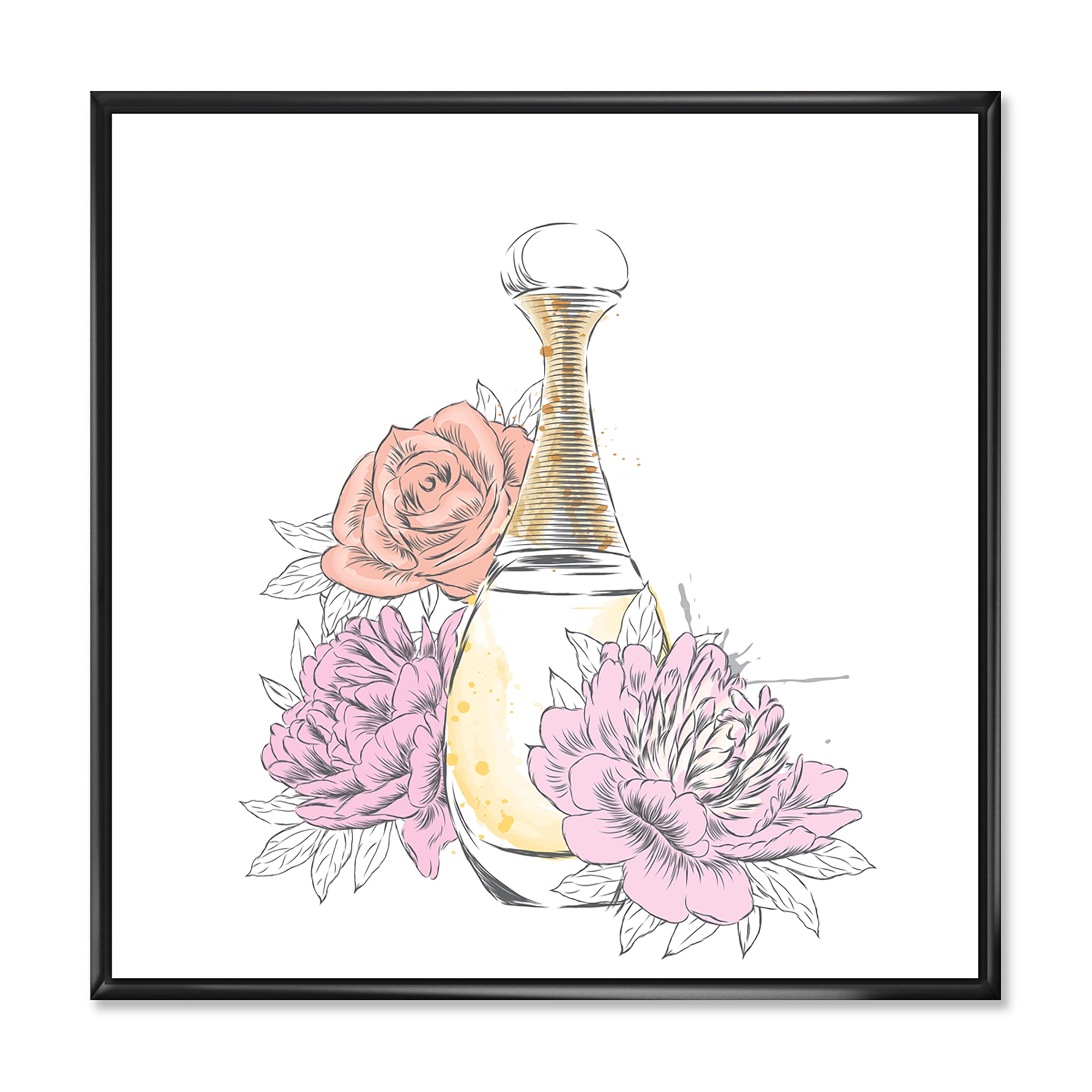 Bouquet of Flowers and Perfume Bottle I 36 in x 36 in Framed Painting Canvas Art Print, by Designart