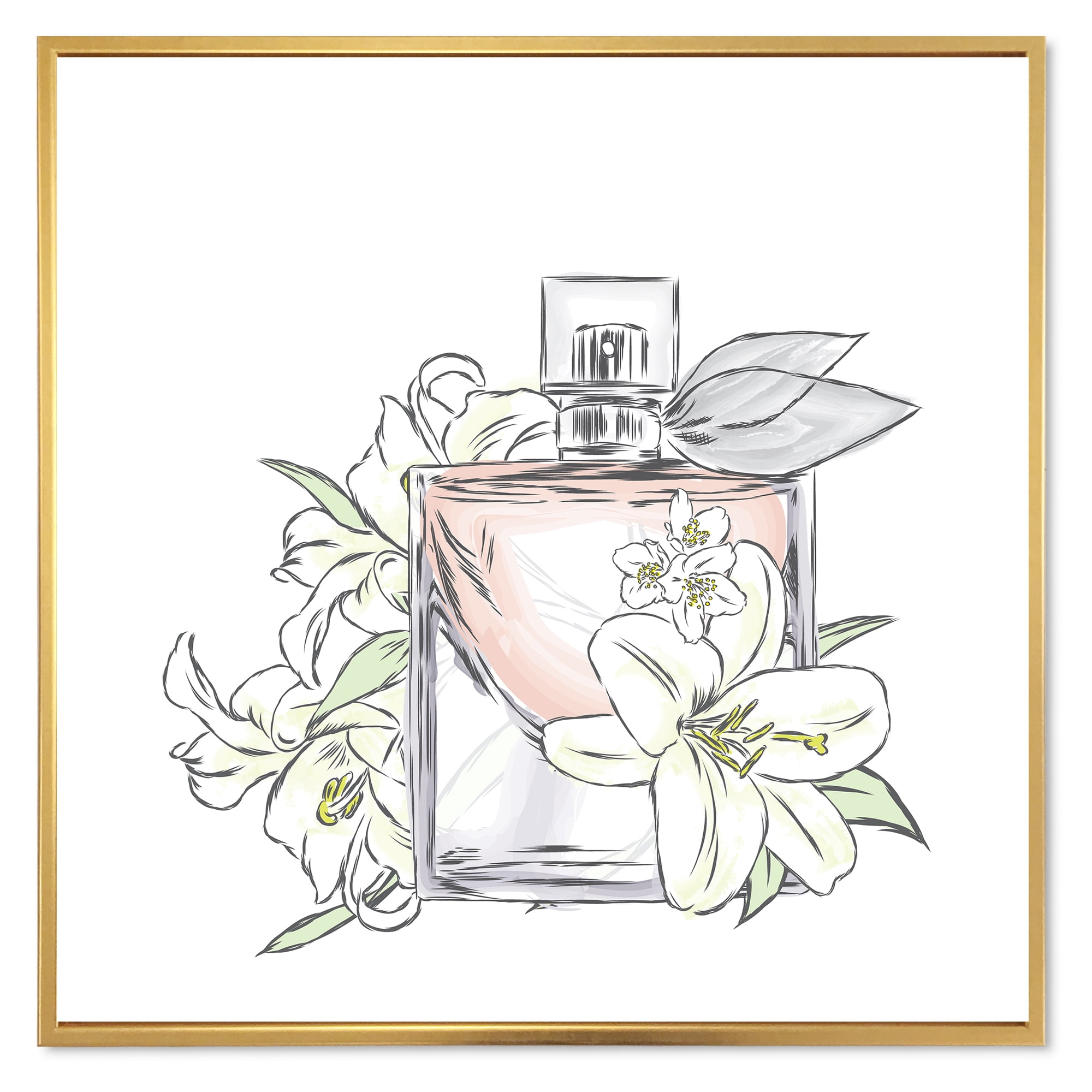 Bouquet of Flowers and Perfume Bottle II 30 in x 30 in Framed Painting Canvas Art Print, by Designart