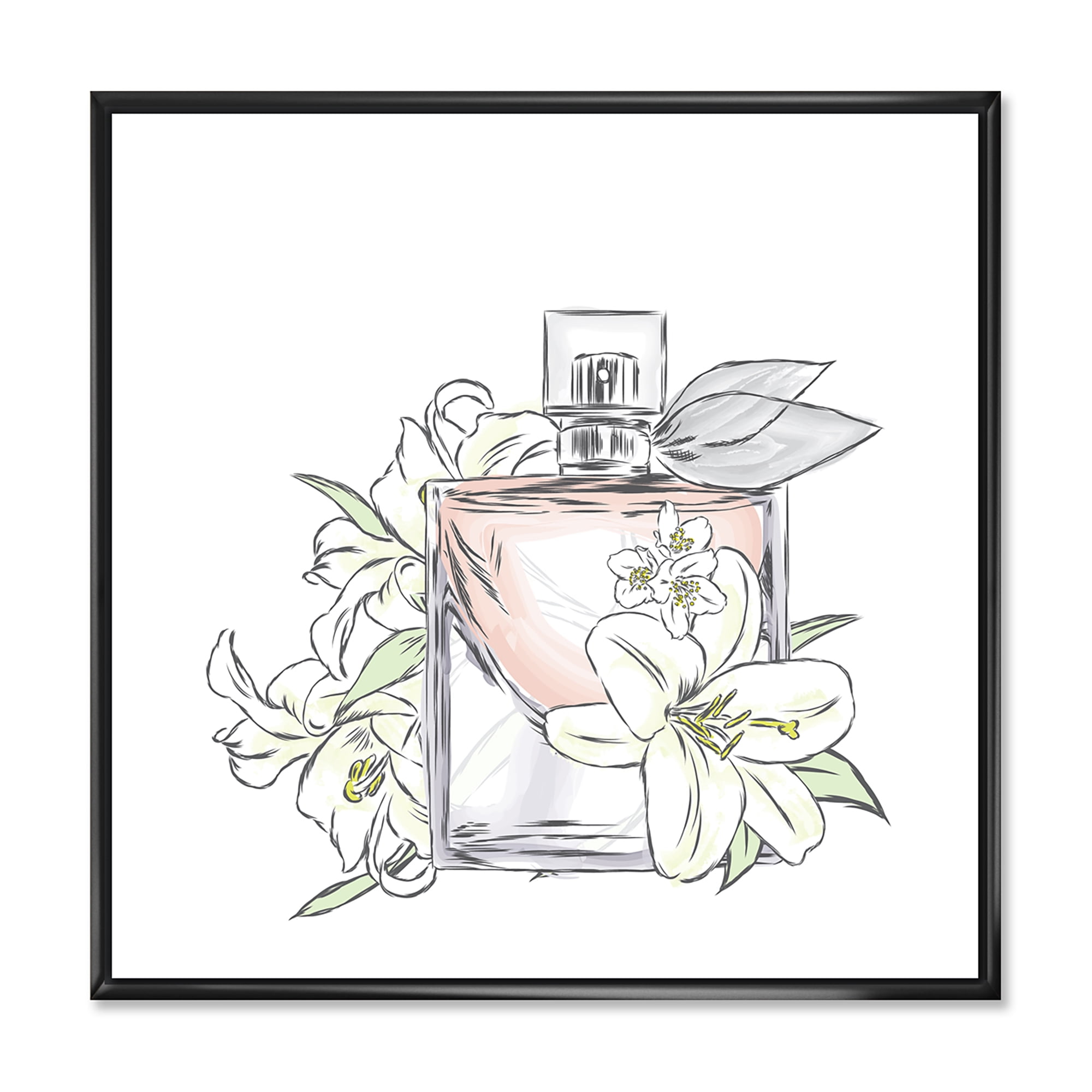 Bouquet of Flowers and Perfume Bottle II 36 in x 36 in Framed Painting Canvas Art Print, by Designart