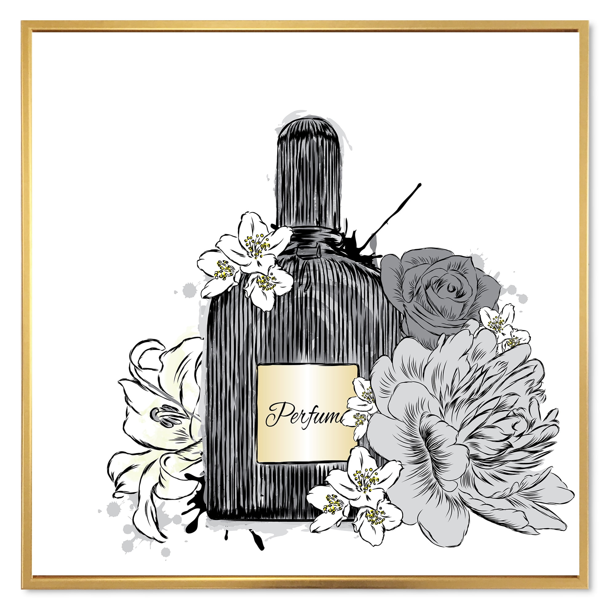 Bouquet of Flowers and Perfume Bottle III 16" x 16" Framed Painting Canvas Art Print, by Designart