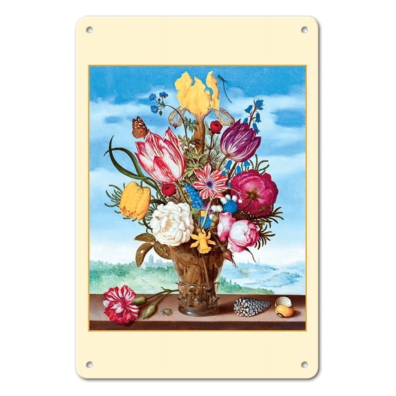 Bouquet of Flowers on a Ledge - From an Original Color Painting by Ambrosius Bosschaert c.1619 - 8 x 12 inch Vintage Metal Tin Sign