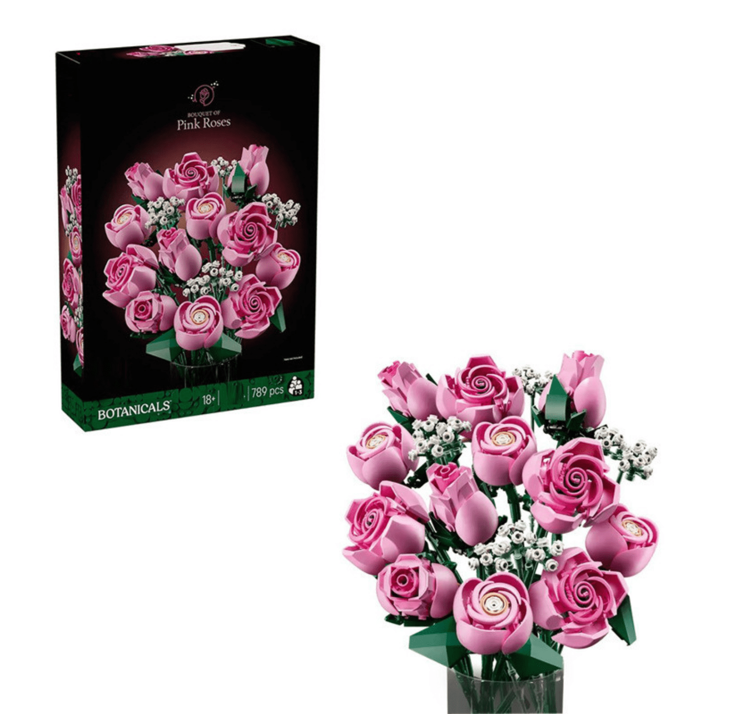 Bouquet of Pink Roses Building Kit 10374 Artificial Flowers Room Decor Building Blocks for Adults Ages 18 Plus 789 Pieces