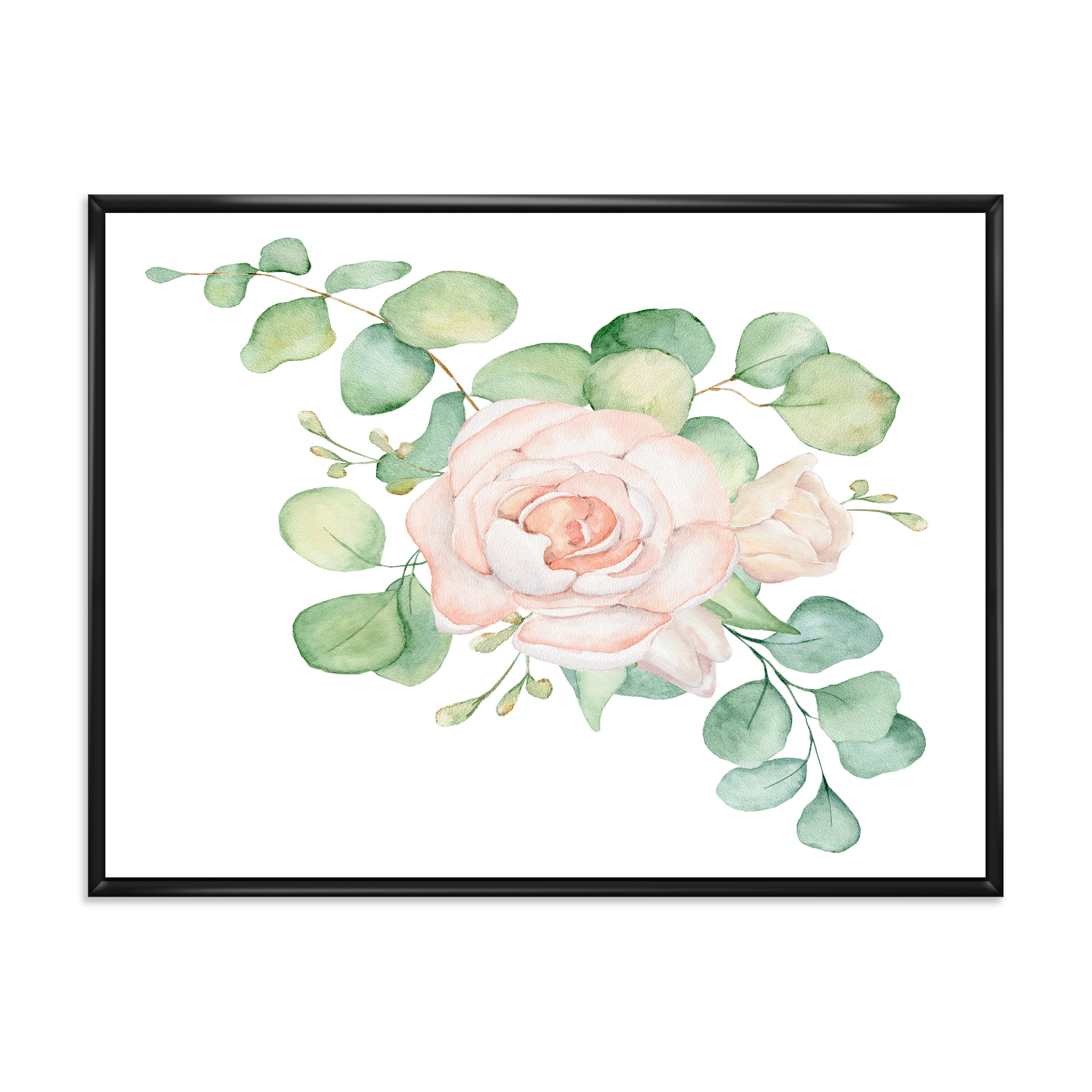 Bouquet of Pink Roses Flowers and Eucalyptus Leaves 32 in x 24 in Framed Painting Canvas Art Print, by Designart