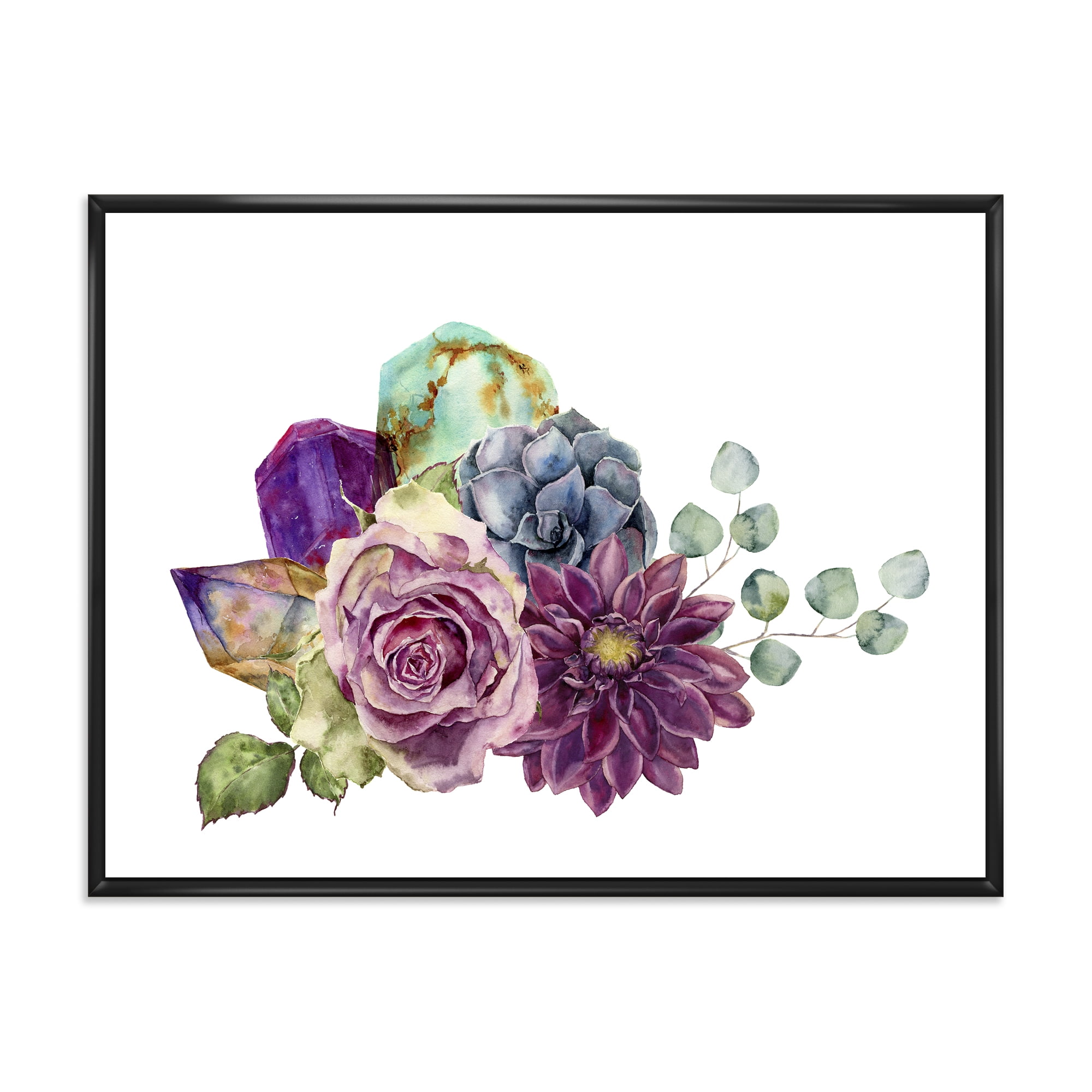 Bouquet of Succulents Eucalyptus With Flowers 40 in x 30 in Framed Painting Canvas Art Print, by Designart