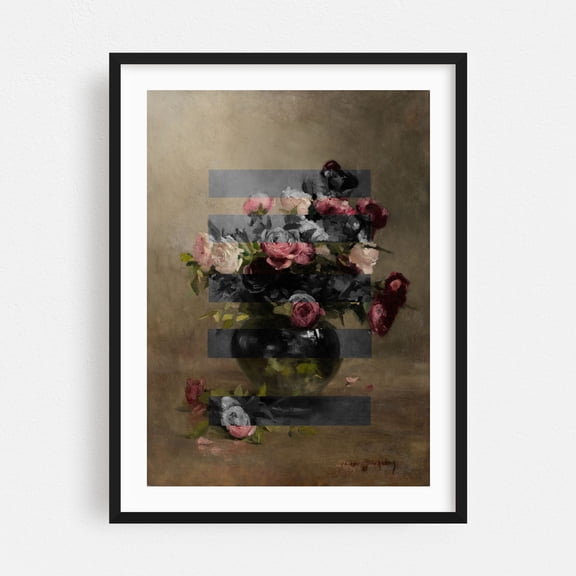 Bouquet of Vintage Oil Painting Flowers, Collage  - Photography Floral Flowers Vintage Botanical Black Framed Wall Art Print 5 x 7 inches