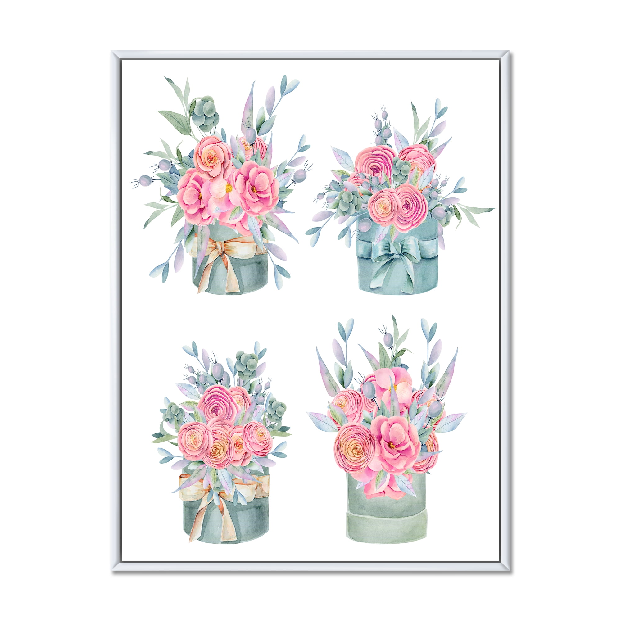 Bouquets Collection of Pink Roses 24 in x 32 in Framed Painting Canvas Art Print, by Designart