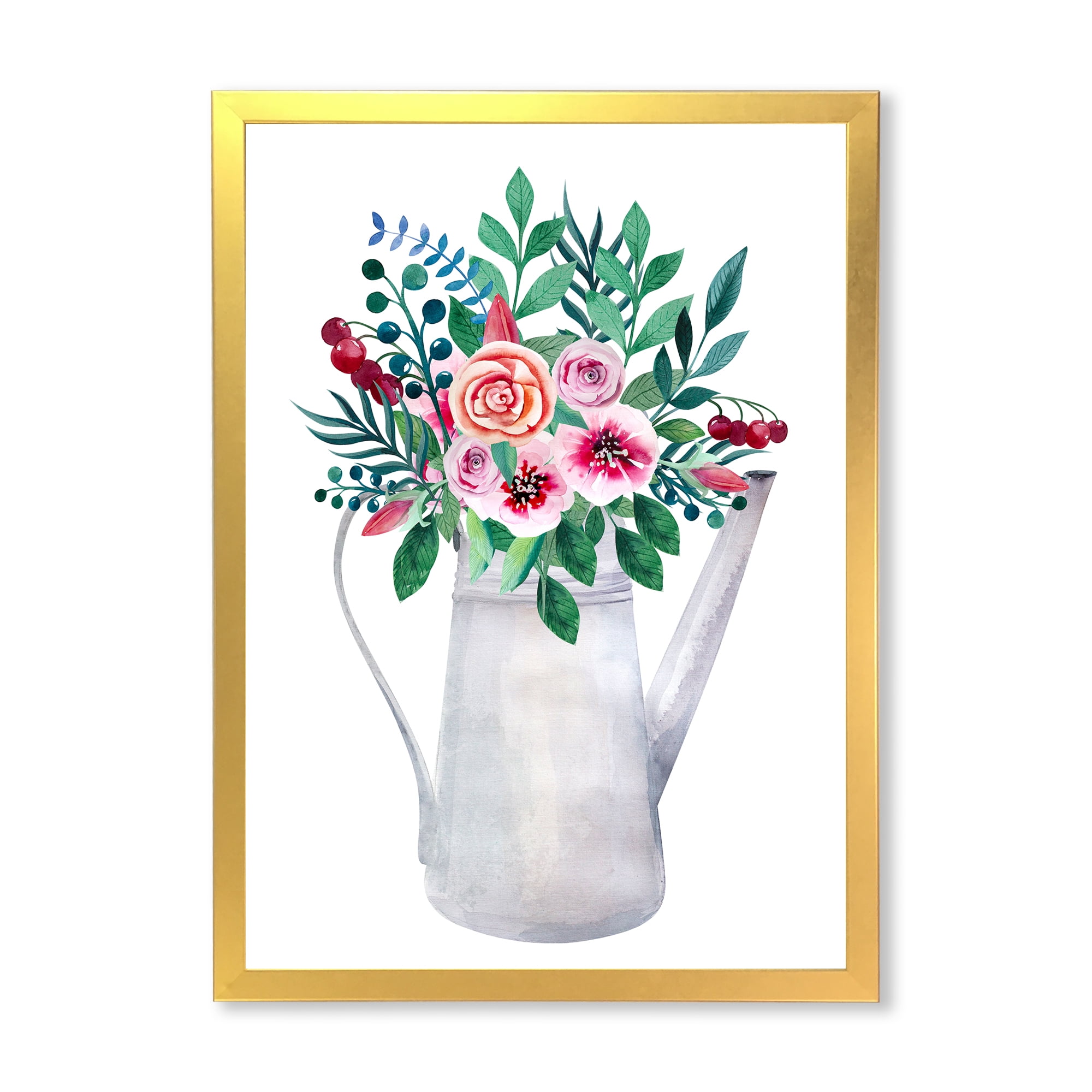 Bouquets of Flowers In Rustic Flowering Pot With Berries 20 in x 20 in Framed Painting Canvas Art Print, by Designart