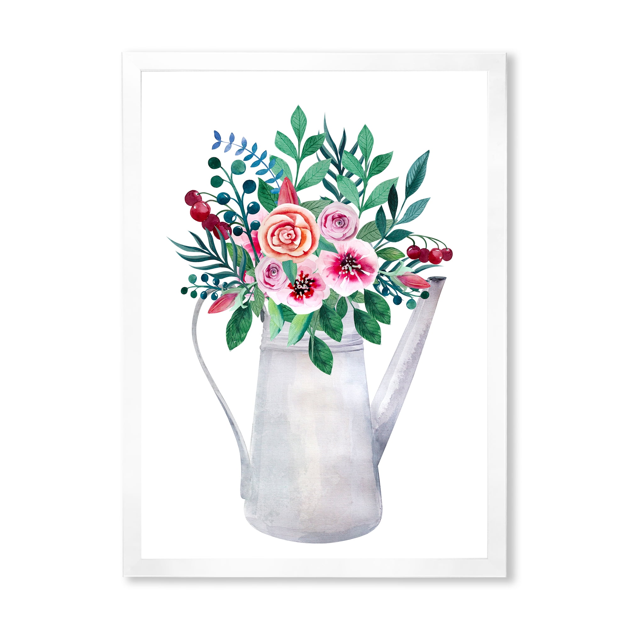 Bouquets of Flowers In Rustic Flowering Pot With Berries 24 in x 32 in Framed Painting Canvas Art Print, by Designart