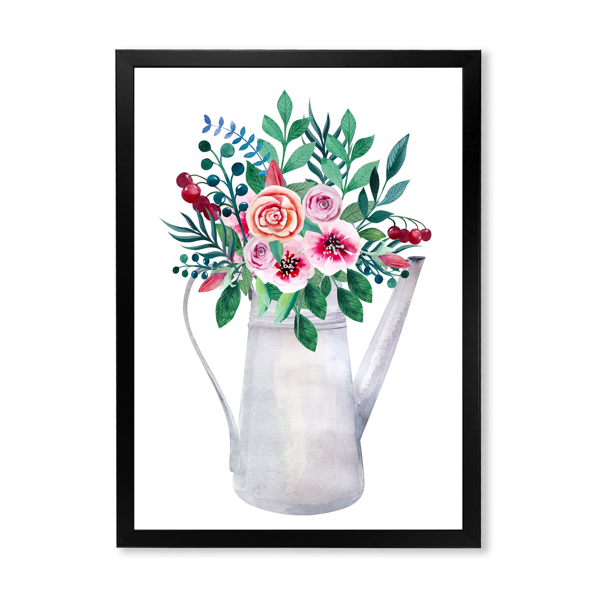 Bouquets of Flowers In Rustic Flowering Pot With Berries 24 in x 32 in Framed Painting Canvas Art Print, by Designart