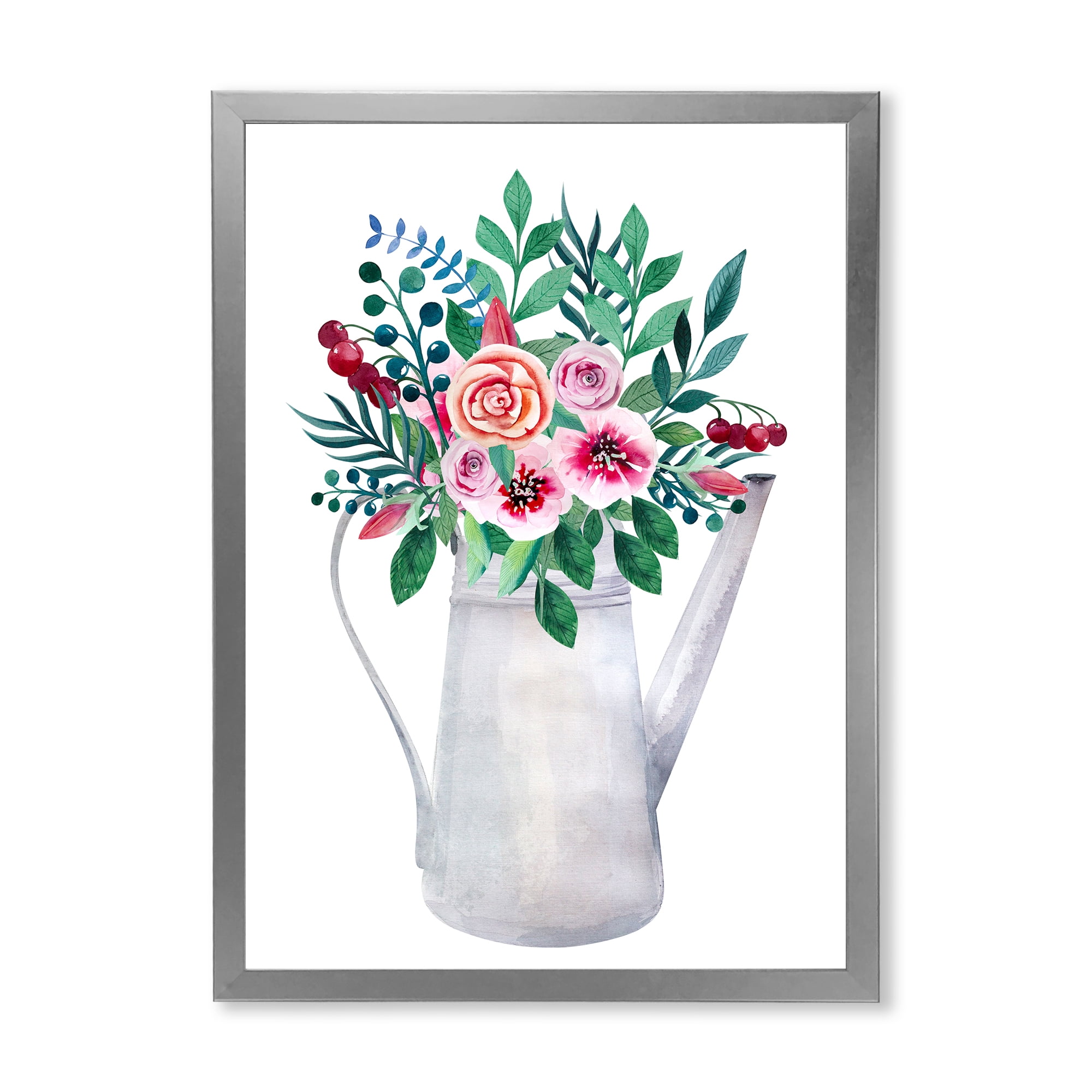Bouquets of Flowers In Rustic Flowering Pot With Berries 30 in x 40 in Framed Painting Canvas Art Print, by Designart