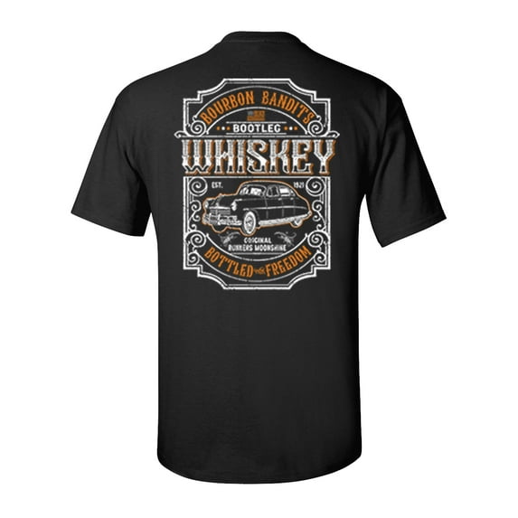 Bourbon Bandits Bootleg Whiskey Runners Moonshine Bottled With Freedom Funny Alcohol Unisex Short Sleeve T-Shirt-Black-4XL