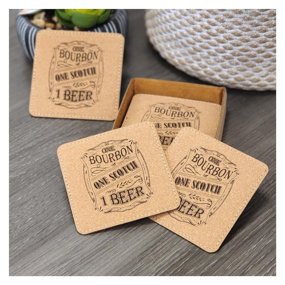 Bourbon Coasters - Handmade Coasters Set of 6 - Engraved Barware Decorations - Leather Bar Decor - Man Cave Father's Day Present (Black/Gold)