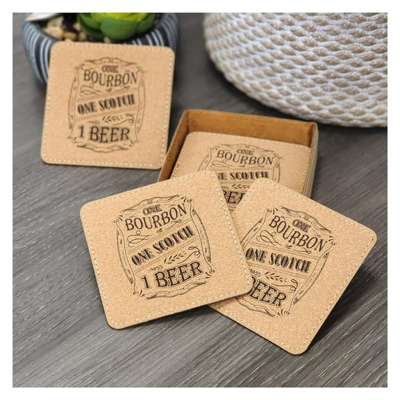 Bourbon Coasters - Handmade Coasters Set of 6 - Engraved Barware Decorations - Leather Bar Decor - Man Cave Father's Day Present (Red/Black)