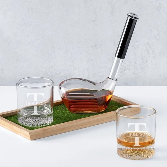Bourbon Golf Club Decanter & Whiskey Glasses Set - 20-Ounce Engraved Glasses with Wooden Tray - Liquor Stick for Golf Bag - Cool Gifts for Golfers and Enthusiasts