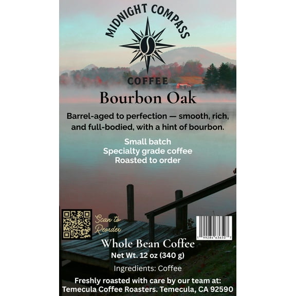 Midnight Compass Coffee: Bourbon Oak - Barrel-aged to perfection - smooth, rich, and full-bodied, with a hint of bourbon.