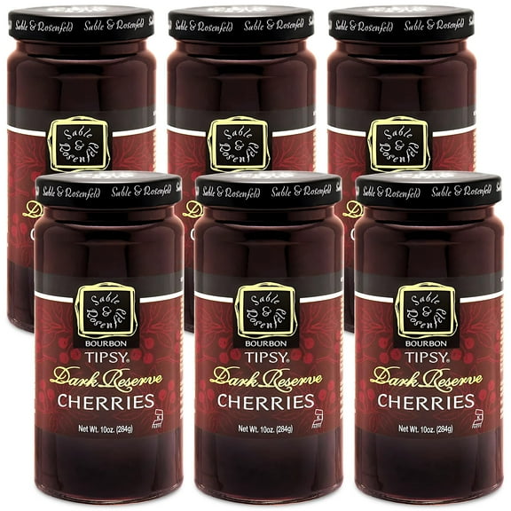 Bourbon Tipsy Dark Cherries Cocktail Garnish - Bourbon Cherries in Spiked Syrup, Cocktail Cherries for Old Fashioned, Dessert, Cheese Tray - Kosher Parve - Sable & Rosenfeld - 10 Oz (Pack 6)