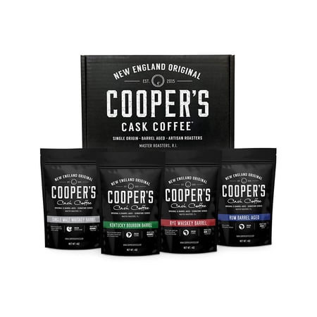 Bourbon & Whiskey Barrel Aged Coffee - 4 Bag Coffee Set - Single Origin Bourbon Colombian, Malt Whiskey Sumatra, Rye Whiskey Ethiopian, Rum Barrel Rwanda Roasted Coffee Beans, Ground 16oz