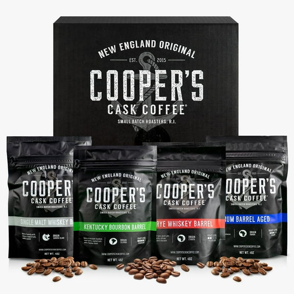 Bourbon & Whiskey Barrel Aged Coffee Box Set with Four Whole Bean Single Origin Coffees (Colombia, Sumatra, Ethiopia, Rwanda) Premium Small-Batch Gourmet Roasted Coffee Gift (Pack or 4)