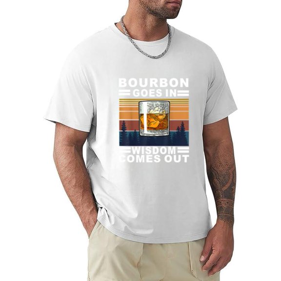 Bourbon Wisdom Funny Whiskey Drinker Quote Retro Bar Humor T-shirt, for men & women, up to size 5XL.