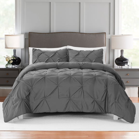 Bourina 3-Piece Full Size Comforter Set, Pleated Wrinkle-Resistant Microfiber Bedding, Grey,All-Season