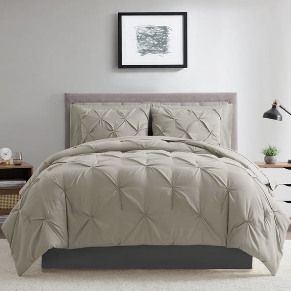 Bourina 3-Piece King Size Comforter Set, Pleated Wrinkle-Resistant Microfiber Bedding, Beige,All-Season