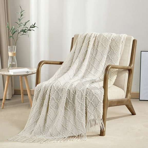Bourina Texture Pure Color Soft Throw Blanket and Sofa Or Bed Knitted Decorative Blanket 50 x70 inches Jacquard Diamond Beige, for Adults.