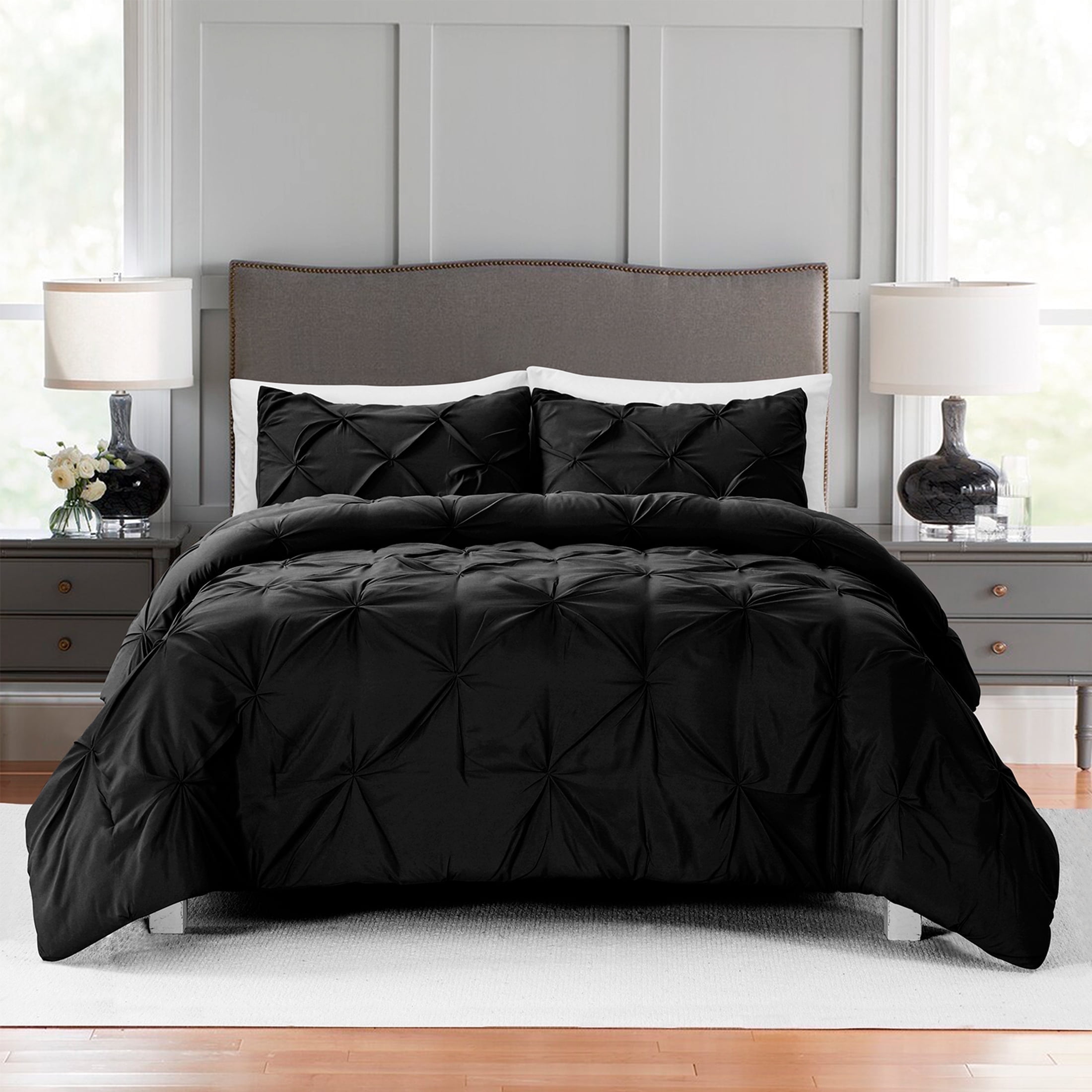 Bourina Comforter Set, 3-Piece, California King, Pleated Wrinkle-Resistant Microfiber Bedding, Black, All-Season