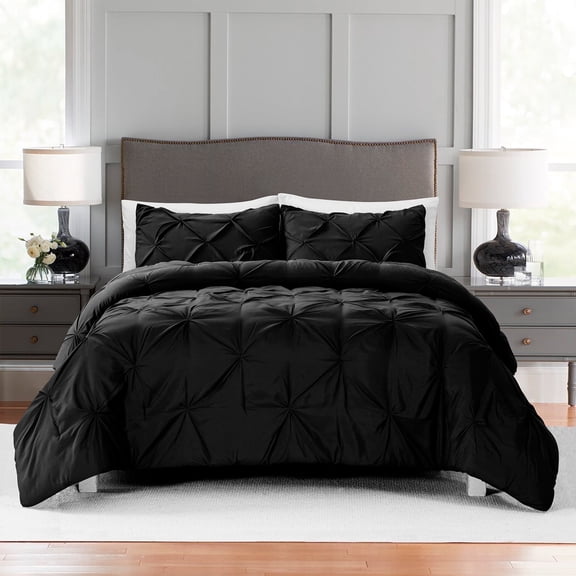 Bourina Comforter Set, 3-Piece, California King, Pleated Wrinkle-Resistant Microfiber Bedding, Black, All-Season