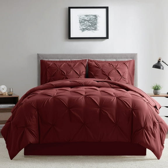 Bourina Comforter Set, 3-Piece, Queen, Pleated Wrinkle-Resistant Microfiber Bedding, Burgundy, All-Season