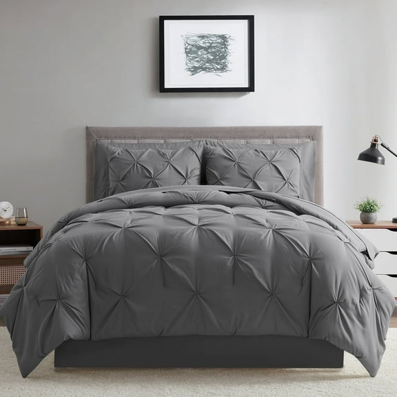 Bourina Comforter Set, 3-Piece, Pleated Wrinkle-Resistant Microfiber Bedding, Grey, Queen,All-Season
