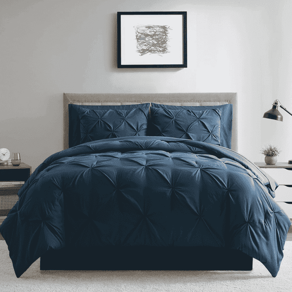 Bourina Comforter Set, 3-Piece, Queen, Pleated Wrinkle-Resistant Microfiber Bedding, Navy, All-Season