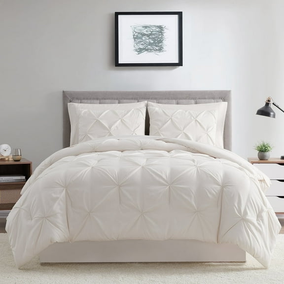 Bourina Comforter Set, 3-Piece, Queen, Pleated Wrinkle-Resistant Microfiber Bedding, Ivory, All-Season