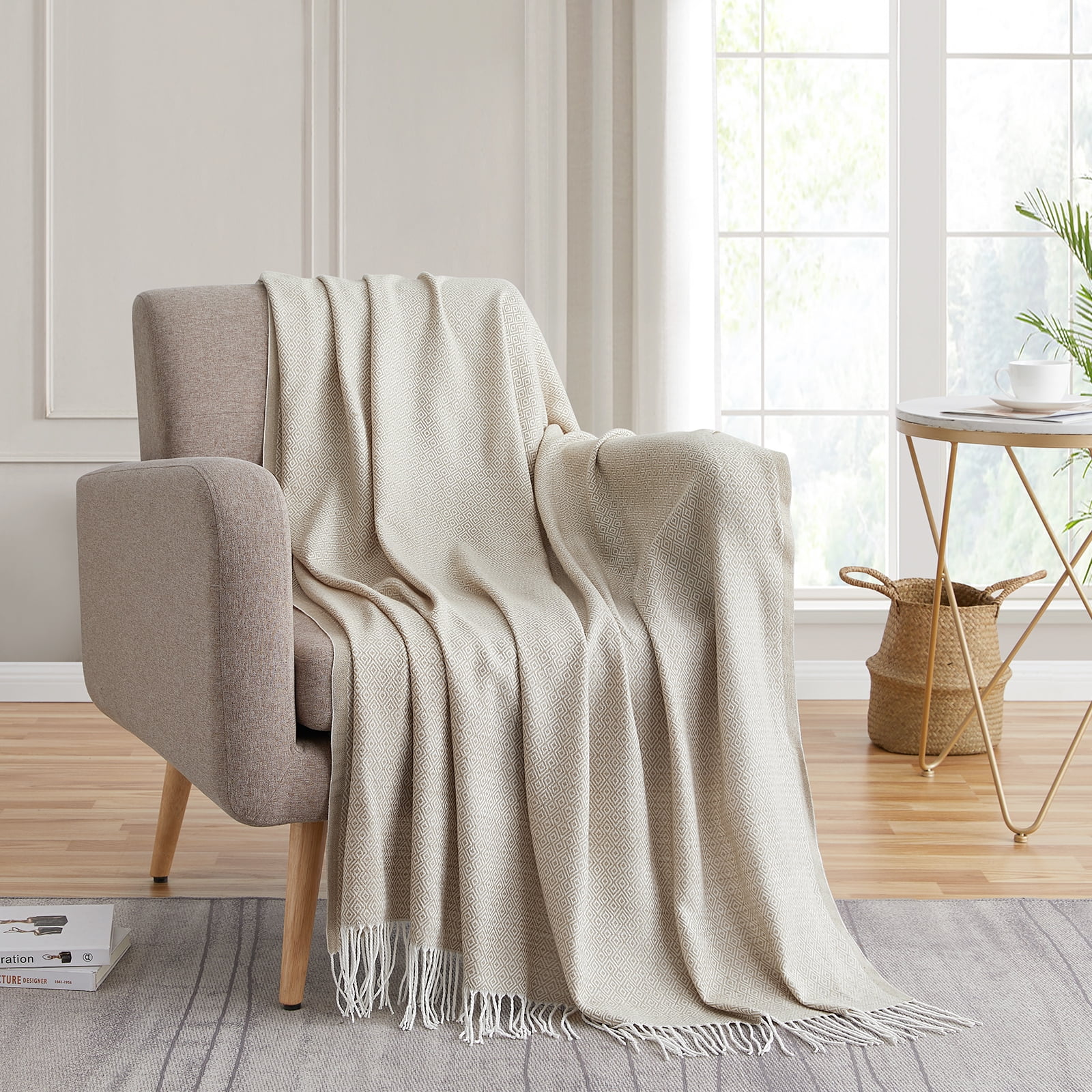 Bourina Herringbone Beige Throw Blanket for Couch, Suitable for Adult, Soft and Lightweight, 50"x 60"