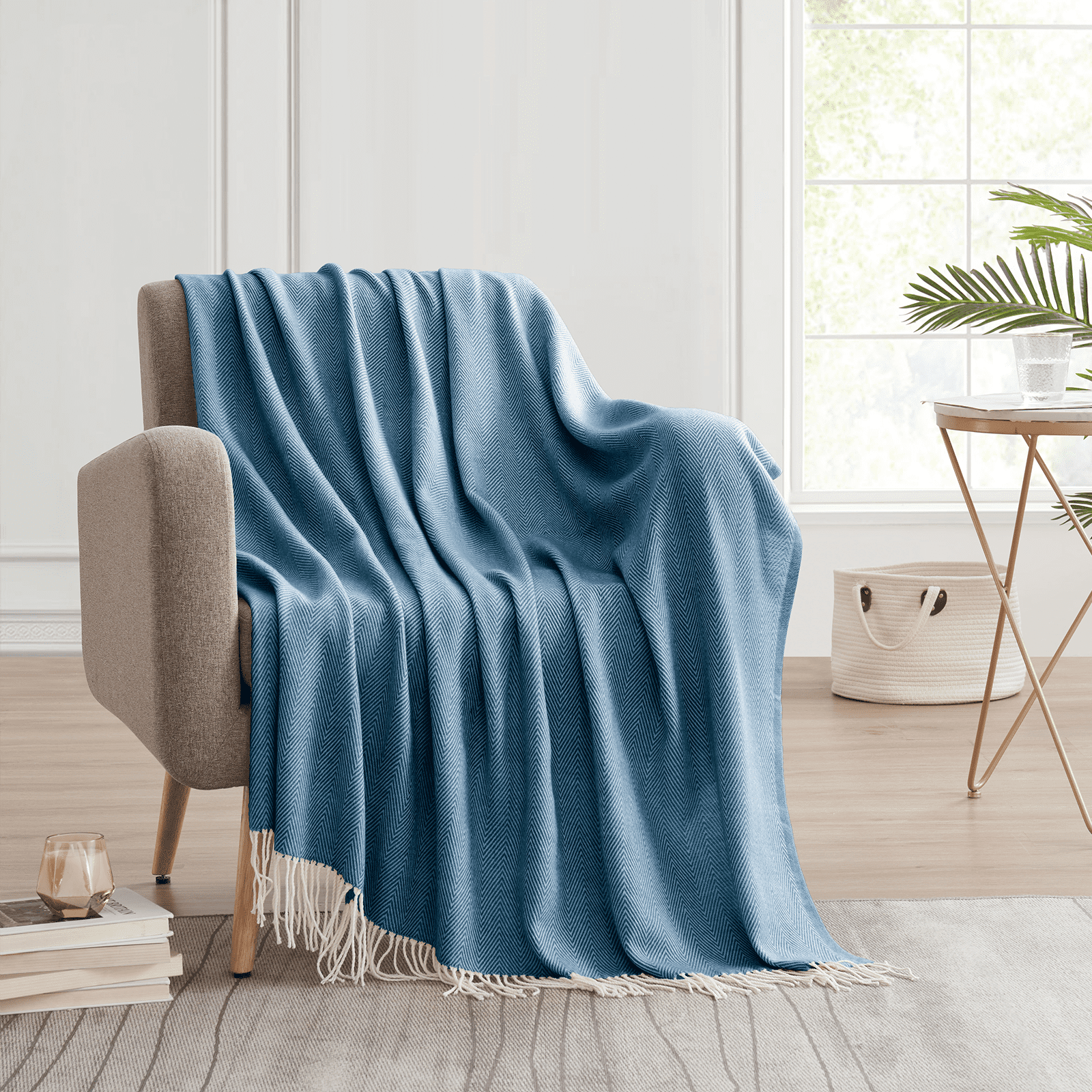 Bourina Herringbone Navy Throw Blanket for Couch, Suitable for Adult, Soft and Lightweight, 50"x 60"