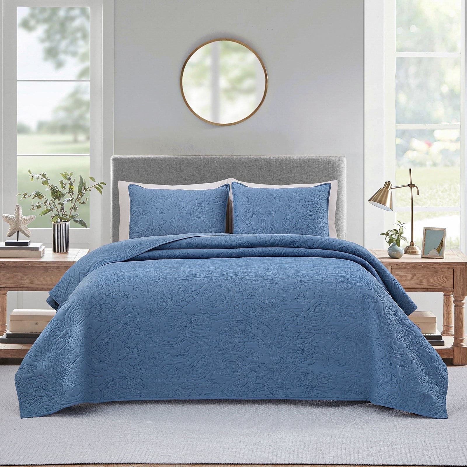 Bourina Modern Floral 3-Piece Quilt Set, Blue,King,Lightweight & Comfortable,Perfect for All Seasons